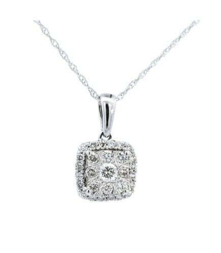 White Gold Cluster Halo Diamond Necklace. 14k TDW: 0.33ct. 18" White Gold Chain