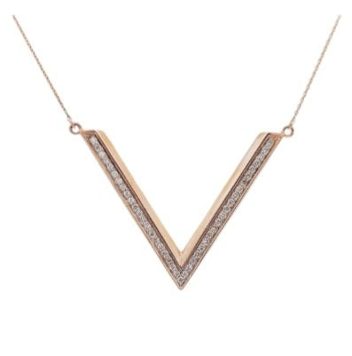 Yellow Gold V Shape Diamond Necklace with Extension. 43 Round Diamonds. TDW: 0.3ct. 14k, 3.3gr