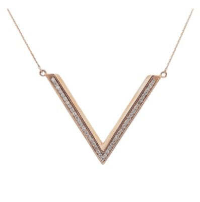 Yellow Gold V Shape Diamond Necklace with Extension. 43 Round Diamonds. TDW: 0.3ct. 14k, 3.3gr