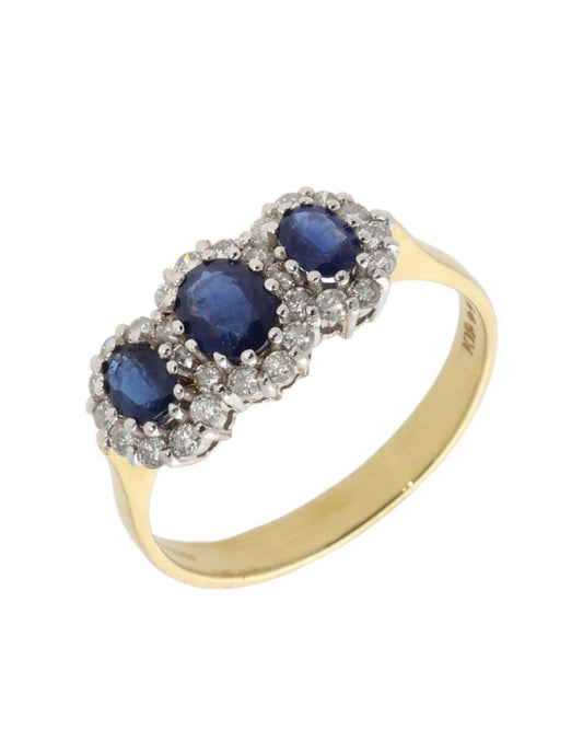 Two-tone Yellow and White Gold Sapphire and Diamond Ring 3 Round Sapphires and 25 Round Diamonds. 18k,  3.7gr S: 0.35ct TDW: 0.5ct