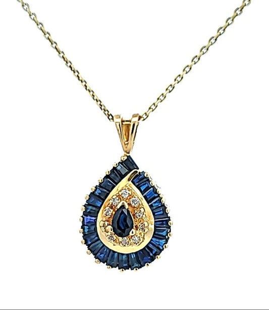 Yellow Gold Pear shape Pendent setting with Baguette cut sapphire and 10 Round Diamonds. 18k.  TDW: 0.08ct, 2.32gr