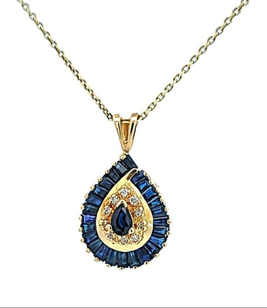Yellow Gold Pear shape Pendent setting with Baguette cut sapphire and 10 Round Diamonds. 18k.  TDW: 0.08ct, 2.32gr