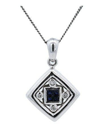 White Gold Square Shape Sapphire and Diamond Pendant. 4 Princess Cut Sapphire and 4 Round Diamonds. TDW: 0.08ct 18k 4.65gr