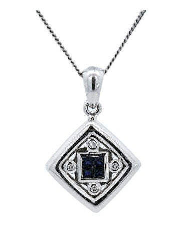 White Gold Square Shape Sapphire and Diamond Pendant. 4 Princess Cut Sapphire and 4 Round Diamonds. TDW: 0.08ct 18k 4.65gr