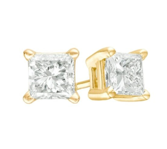 Yellow Gold Stud Earring with Princes Cut diamond on setting, 14k,  TDW: 0.2 ct SI H