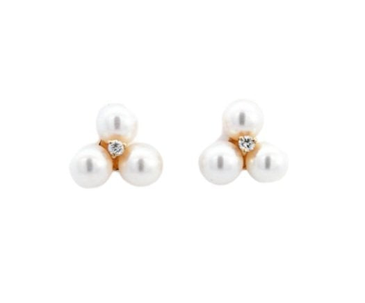 Earrings with three Natural Fresh Water Pearls and one Diamond in center 14k 0.02ct each