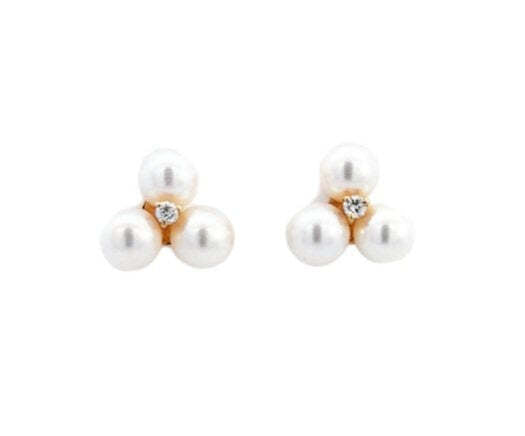 Earrings with three Natural Fresh Water Pearls and one Diamond in center 14k 0.02ct each