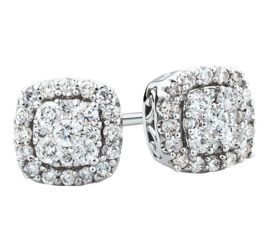 White Gold Cluster Halo Square Shape Diamond Earrings. 17 Round Diamonds. TDW: .63ct14K2.7GR