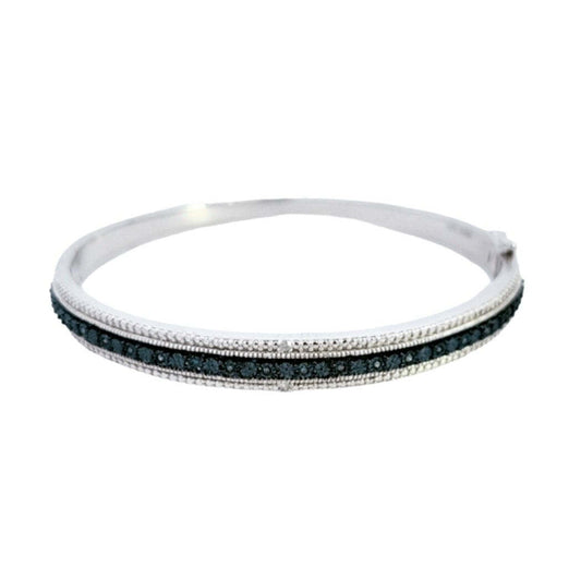 Blue and White Diamond Silver Bangle Bracelet. 925, 20.5gr. 17 Round Blue Diamonds, and Two Round Natural White Diamonds, TWD: 0.2ct