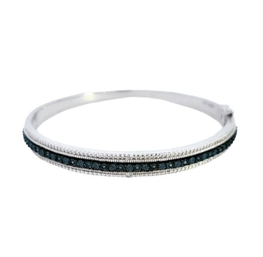 Blue and White Diamond Silver Bangle Bracelet. 925, 20.5gr. 17 Round Blue Diamonds, and Two Round Natural White Diamonds, TWD: 0.2ct