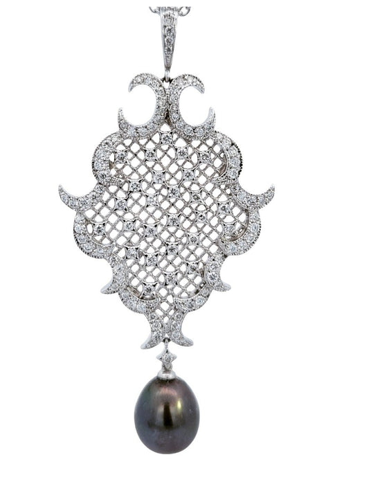 White Gold South Sea Tahitan Pear Shape Pearl and Pavé Diamond Filigree Necklace. 18k. P: 10.1x12mm, 105 Natural Round Diamonds,  TDW: 1.17ct, VS, FG