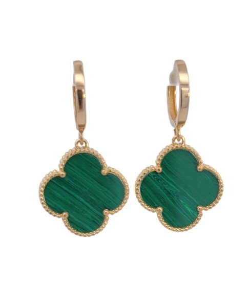 Yellow Gold Green Malachite Clover Hanging Earrings. 18k, 3.87gr