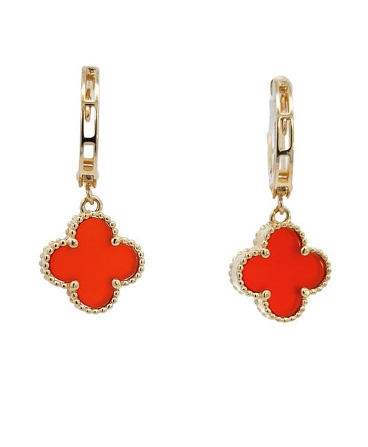 Yellow Gold Red Agate Small Size Clover Hanging Earrings. 18k, 1.9gr