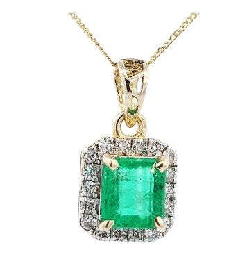 Yellow Gold Columbian Emerald and Diamond Pendant. E: 0.8ct., TDW: 0.36ct,  Clarity: VS, Color: GH, 14k, 2.03gr