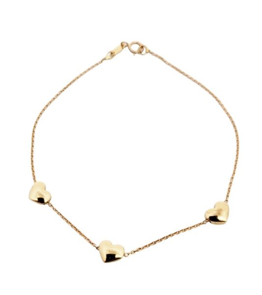 Yellow Gold Bracelet with 3 Hearts. 18k, 3.14gr, 7.5"
