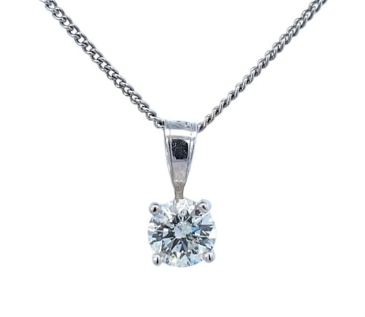 Certified White Gold Round Cut Diamond Solitaire Pendant and Chain. 14k, 0.51ct, I1, H-I, Lase Print #GSL 527212