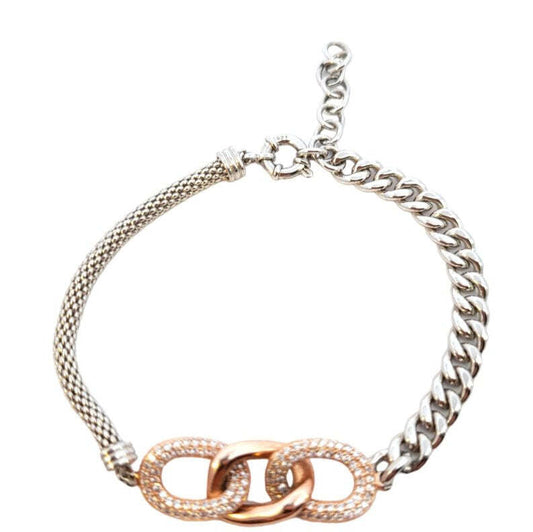 Two -tone Sterling Silver and Rose Gold Plated Pave CZ Linked Bracelet. 925