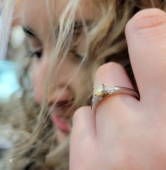 White Gold GIA Certified Cushion Cut Yellow Diamond, With Two Baguettes Ring.