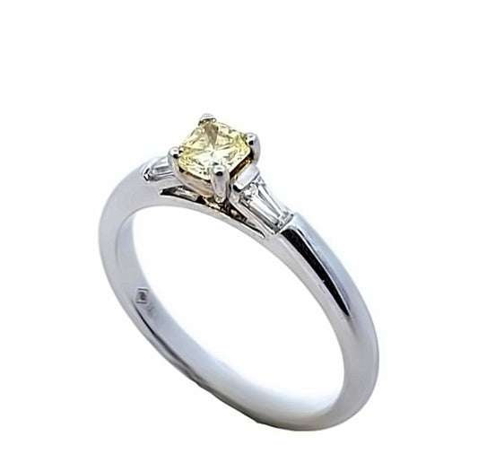 White Gold GIA Certified Cushion Cut Yellow Diamond, With Two Baguettes Ring.