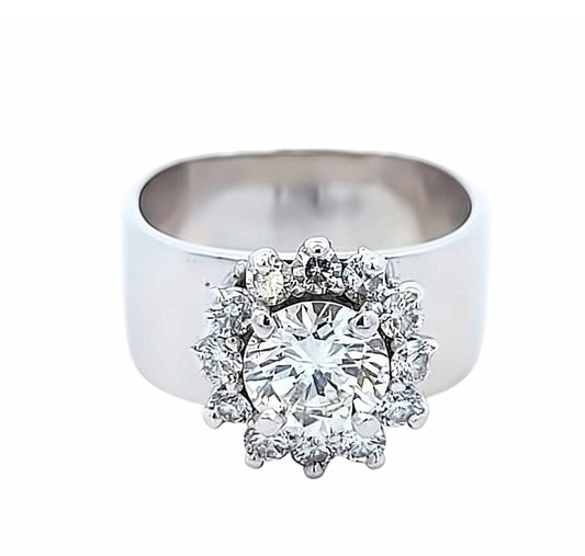 White Gold Floral Wide Diamond Ring.  18k, C: 0.7ct, TDW: 1ct, VS1-2, EF