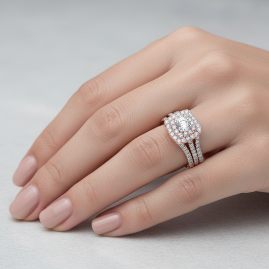 Rose Gold Double Cushion Frame Split Shank Bridal Set Diamond Ring 14k SET: 1.18ct