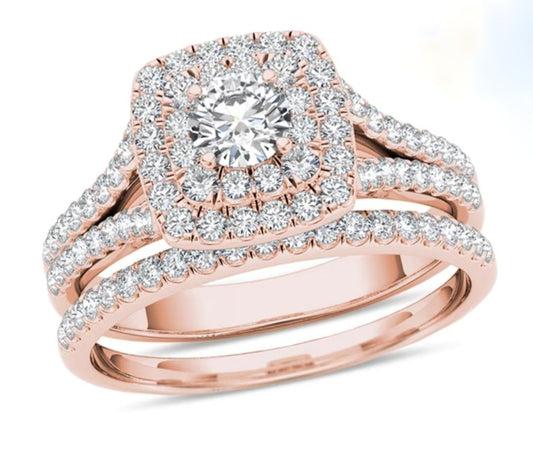 Rose Gold Double Cushion Frame Split Shank Bridal Set Diamond Ring.