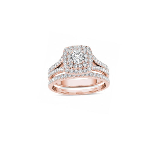 14K Rose Gold Double Cushion Frame Split Shank Bridal Set Diamond Ring SET: 1.18ct , Resale Vintage