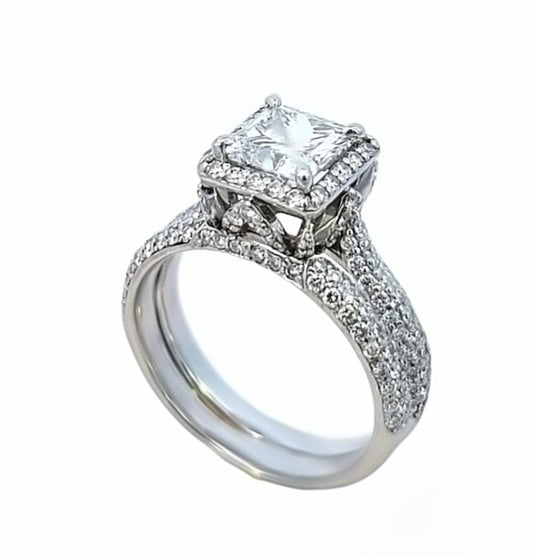 Platinum Halo Princess Cut Canadian Diamond Ring and Band, 1.02ct # 40571044, TDW: 3.42ct.