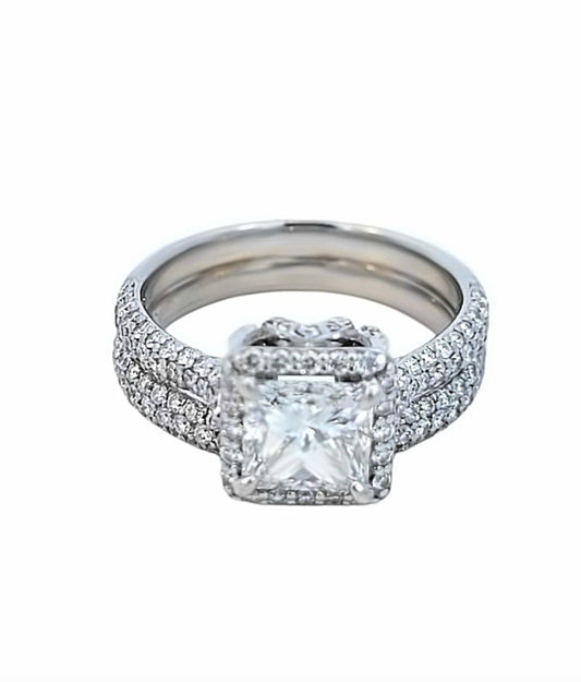 Platinum Halo Princess Cut Canadian Diamond Ring and Band, 1.02ct # 40571044, TDW: 3.42ct.