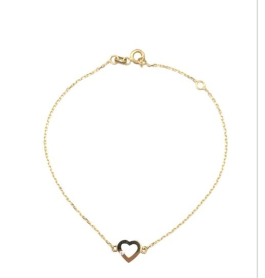 Yellow Gold Bracelet with one heart setting with one setting with Cubic Zirconia, 14k,  6 1/2 to 7 1/2 Inches Adjustable