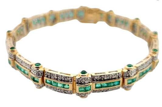 Yellow Gold Emerald and Diamond Bracelet. 14k, 17.8gr, E: 1.9ct, TDW: 1.5ct
