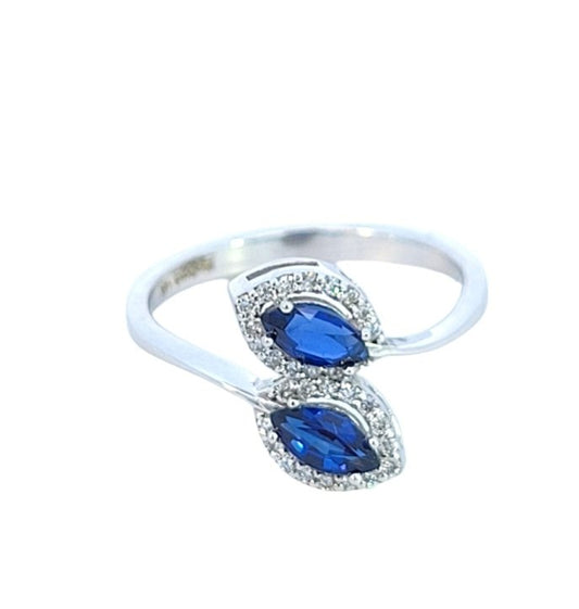 White Gold Crossing Ring set with Two Pear shape Sapphire and 30 Round Diamonds, 14k, S: 0.30 CT, RD: 0.15CT, E-F, SI