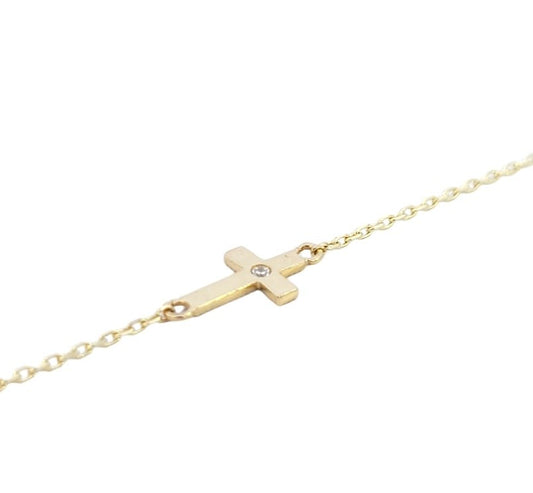 Yellow Gold Bracelet with one Cross setting with Cubic Zirconia, 14k,  6 1/2 to 7 1/2 Inches Adjustable