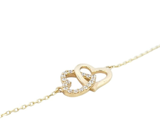 Yellow Gold Bracelet With two Heart together and setting with Cubic Zirconia, 14k,  6 1/2 to 7 1/2 Inches Adjustable