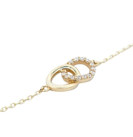 Yellow Gold Bracelet with two Oval shape rings setting with  Cubic Zirconia, 14k,  6 1/2 to 7 1/2 Inches Adjustable