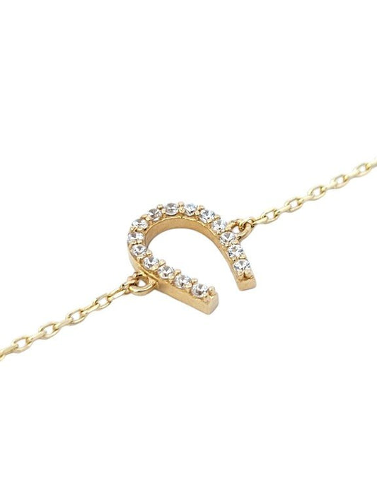 Yellow Gold Bracelet with one horse shoe setting with Cubic Zirconia, 14k, 6 1/2 to 7 1/2 Inches Adjustable