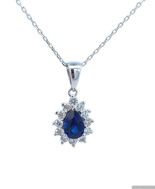 White Gold Chain and Pendant in Pear shape setting with One Pear Shape Sapphire, 0.5Ct  and 12 Round Diamonds, TDW: 0.25 CT, F-G,SI