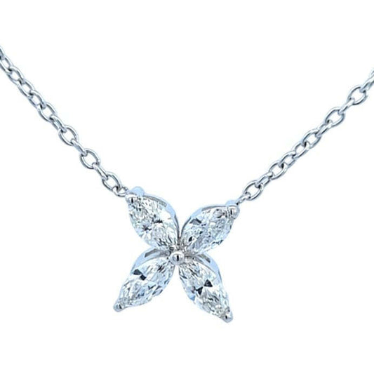 White Gold Flower Necklace setting with Four Marquise Cut Diamonds, 14k, TDW: 0.40 CT,  E-F, VSI