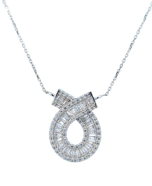 White Gold Necklace Bow Style setting with 28 Baguette cut Cubic Zirconia and 57 Round Cubic Zirconia, 14k