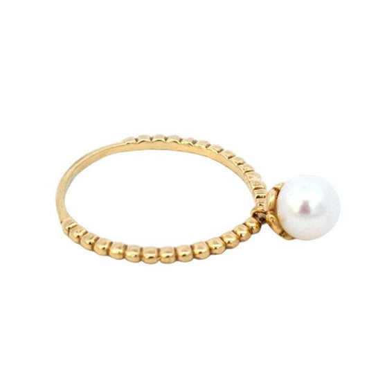 Yellow Gold Twisted Rope Ring with Dangling Pearl. 18k, 1.6gr