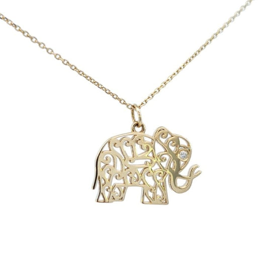 Yellow Gold Elephant Necklace set with one Diamond, 14K, TDW: 0.01 CT,  F-G, SI