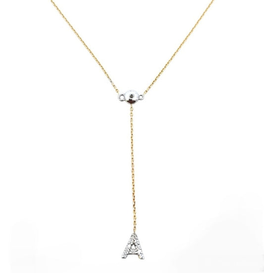 Yellow Gold Y Style Necklace with Initial A and set with 11 Round Diamonds, 14k, TDW: 0.09 CT,  E-F, SI