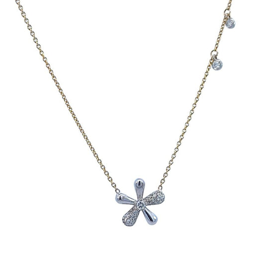 Two Tones Necklace , Yellow Gold chain and  White Gold Diamond Flower setting, with 24 Round Diamonds and three dangling Diamonds, 14k, TDW: 0.25CT, E- F, VS-SI