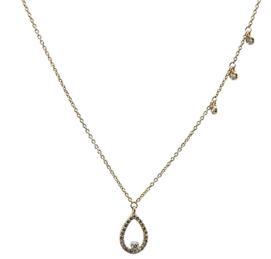 Yellow Gold Necklace with one Pear shape design set with 23 Round Diamonds and three dangling diamond on the chain, 14k, TDW: 0.27CT, E- F, VS- SI