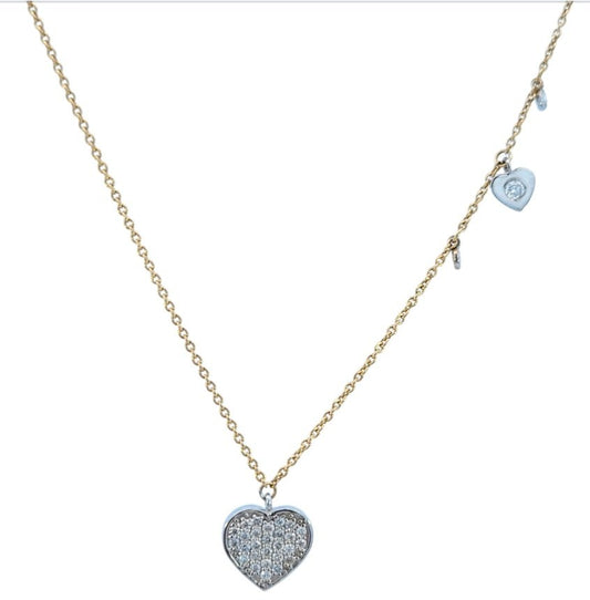 Yellow  Gold Necklace with White Gold Heart set with  27 Round Diamonds, and one small heart, 14k, TDW: 0.33 CT, E- F, VS- SI