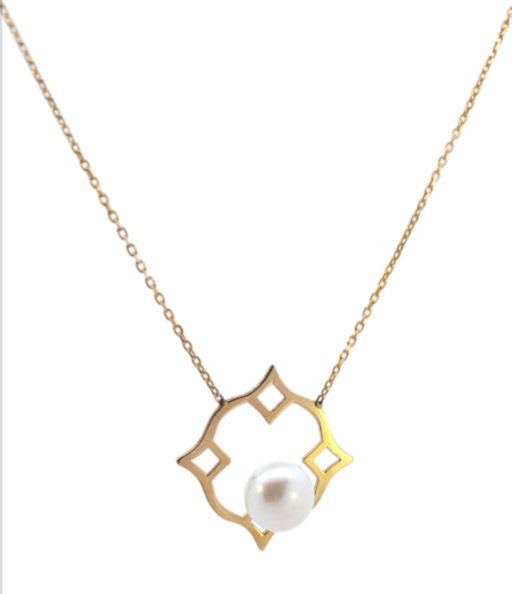 Yellow Gold Square Shape Necklace with a Freshwater Pearl. 18k, 2.5gr
