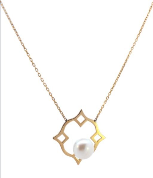 Yellow Gold Square Shape Necklace with a Freshwater Pearl. 18k, 2.5gr