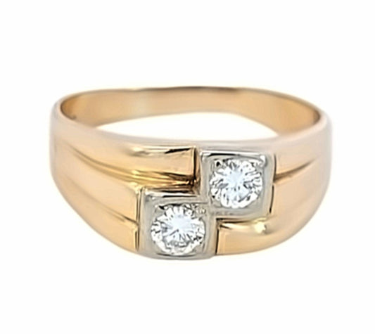 Yellow Gold Men's Diamond Ring. Two Round Diamonds. 10k, 5.4gr, TDW: 0.50ct, VS, EF