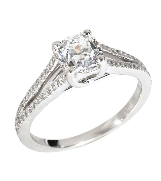 Certified Platinum Split Shank Cushion Modified Brilliant Diamond Ring. 950pt, Centre: 0.66ct, IF, F. TDW: 0.98ct