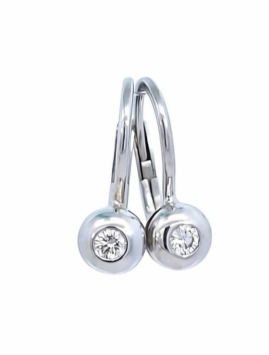 A pair of white gold lever back diamond drop earrings with a round-cut brilliant diamond in each setting.